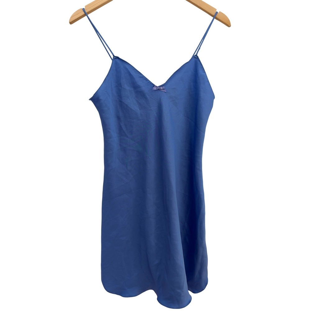 Vtg 70s/80s Victoria's Secret Gold Label Liquid Satin Blue Chemise Slip ILGWU